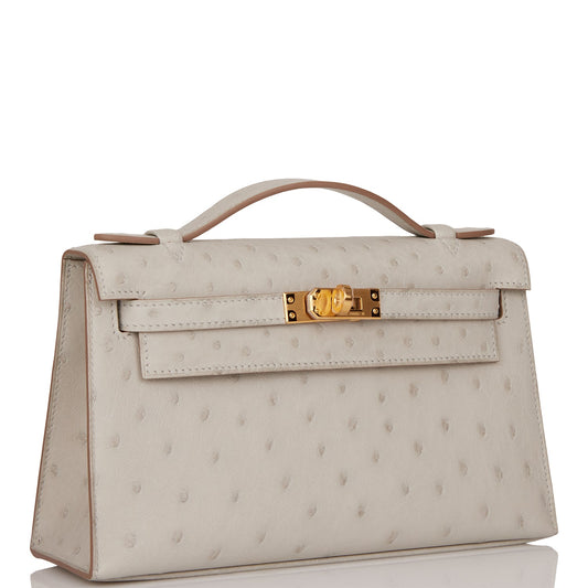 Hermes Kelly Pochette Gris Perle Ostrich Hardware Handbag Gold Travel Bag