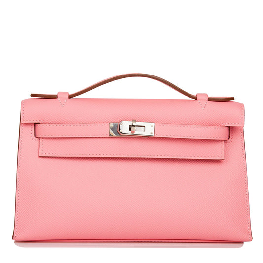 Hermes Kelly Pochette Rose Confetti Epsom Palladium Hardware Travel Bag