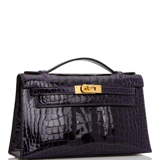 Hermes Kelly Pochette Amethyst Shiny Alligator Hardware Handbag Gold Travel Bag