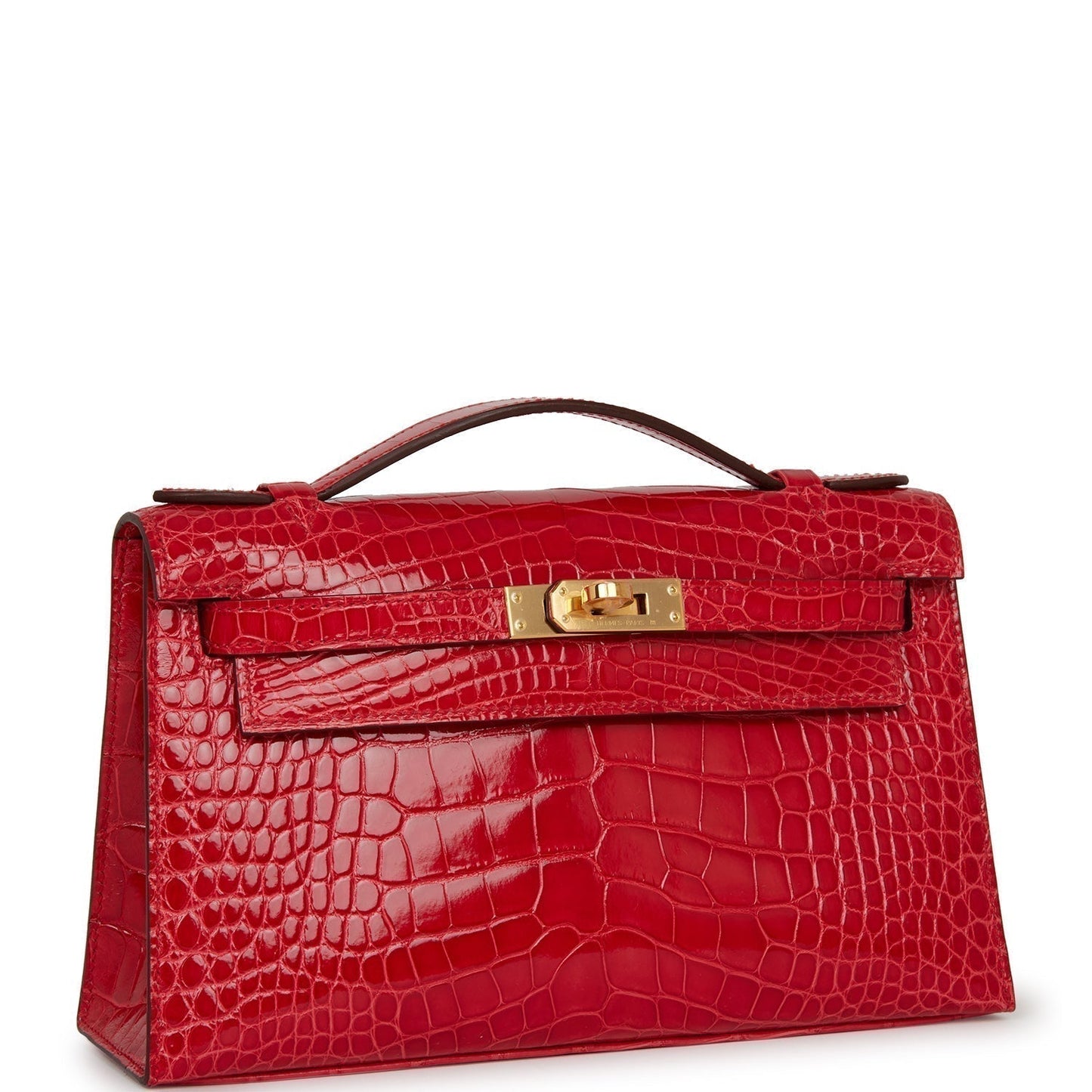 Hermes Kelly Pochette Rouge De Coeur Shiny Alligator Gold Clutch Bag