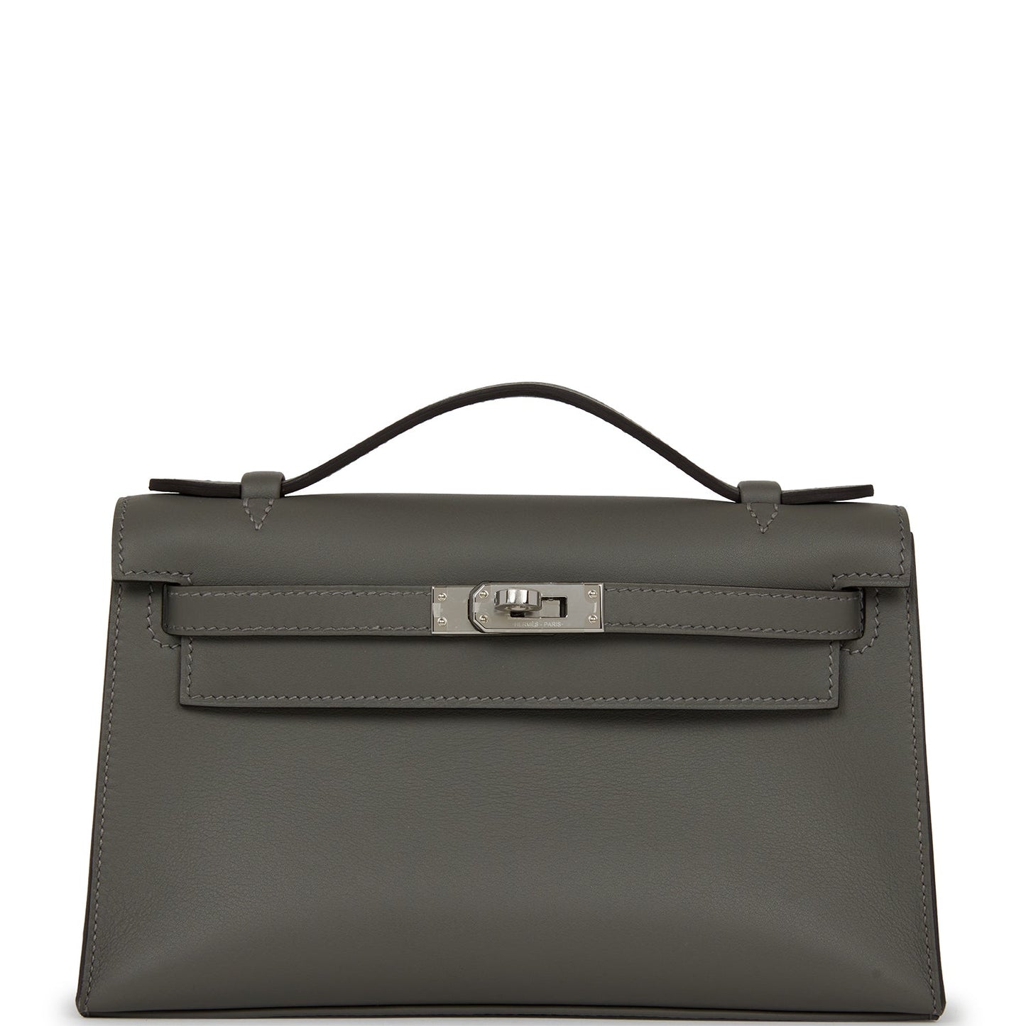 Hermes Kelly Pochette Gris Meyer Swift Palladium Hardware Clutch Bag Palladium Hardware
