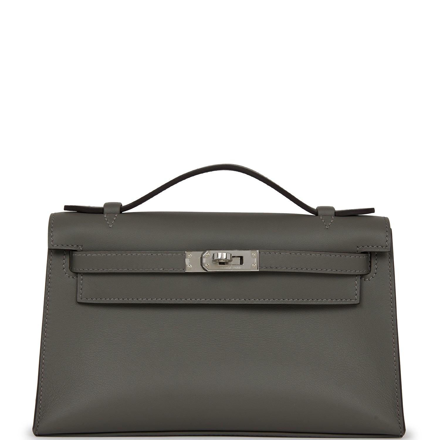 Hermes Kelly Pochette Gris Meyer Swift Palladium Hardware Clutch Bag Palladium Hardware