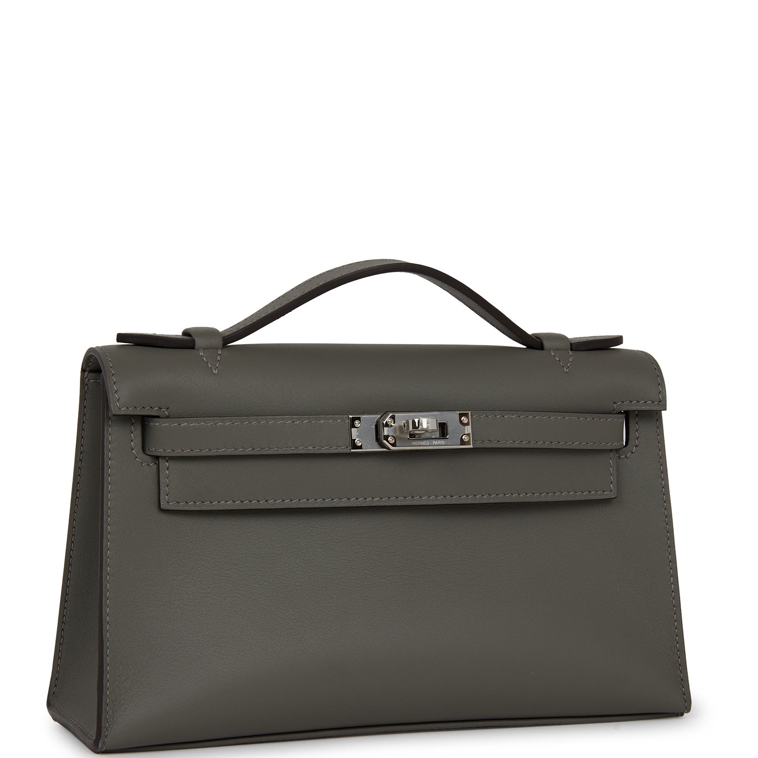 Hermes Kelly Pochette Gris Meyer Swift Palladium Hardware Clutch Bag Palladium Hardware