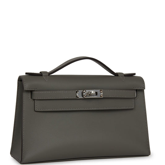Hermes Kelly Pochette Gris Meyer Swift Palladium Hardware Clutch Bag Palladium Hardware