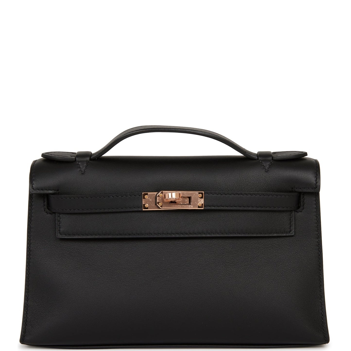 Hermes Kelly Pochette Swift Rose Hardware Handbag Black Gold Travel Bag Gold Hardware