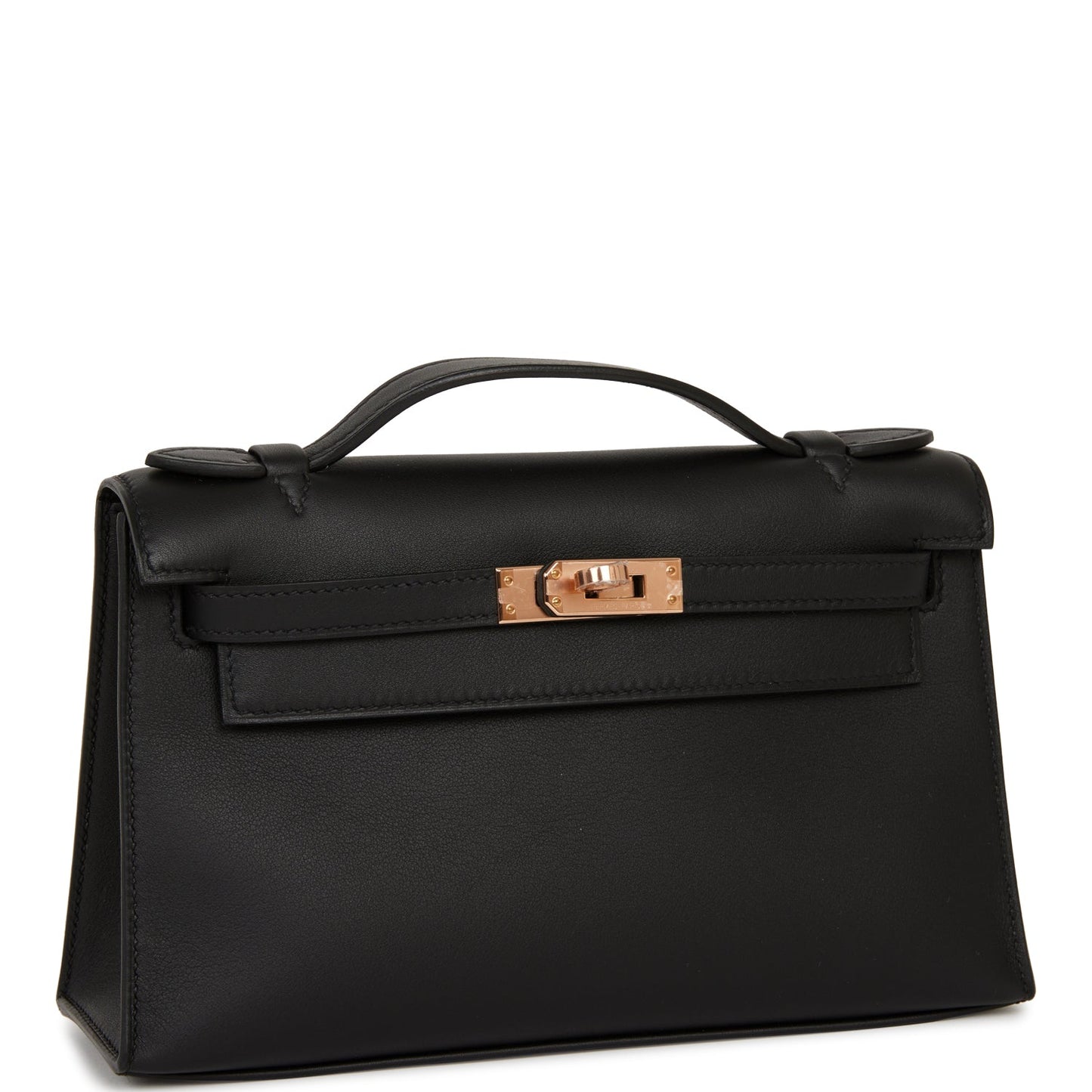 Hermes Kelly Pochette Swift Rose Hardware Handbag Black Gold Travel Bag Gold Hardware