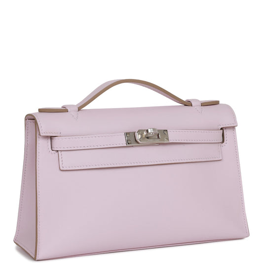 Hermes Kelly Pochette Mauve Pale Swift Palladium Hardware Clutch Bag