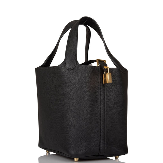 Hermes Picotin Lock Clemence Hardware Handbag Black Gold Travel Bag Gold Hardware