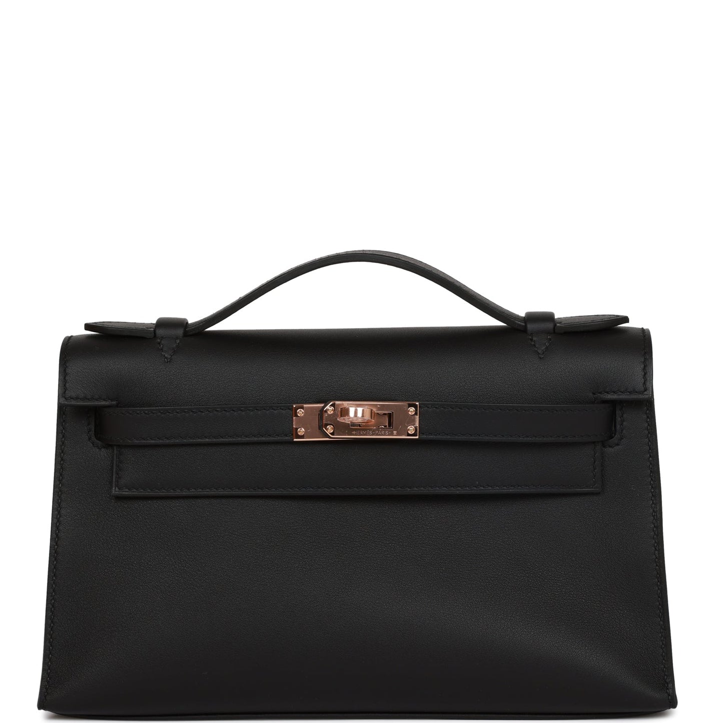 Hermes Kelly Pochette Swift Rose Hardware Handbag Black Gold Travel Bag