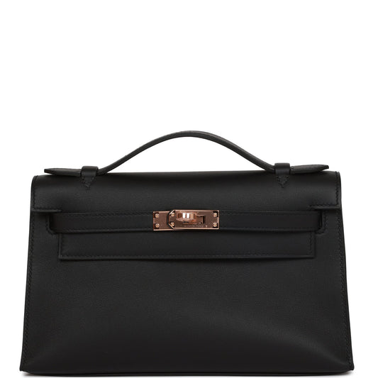 Hermes Kelly Pochette Swift Rose Hardware Handbag Black Gold Travel Bag
