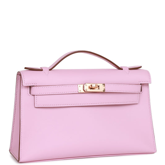 Hermes Kelly Pochette Mauve Sylvestre Swift Rose Hardware Gold Travel Bag