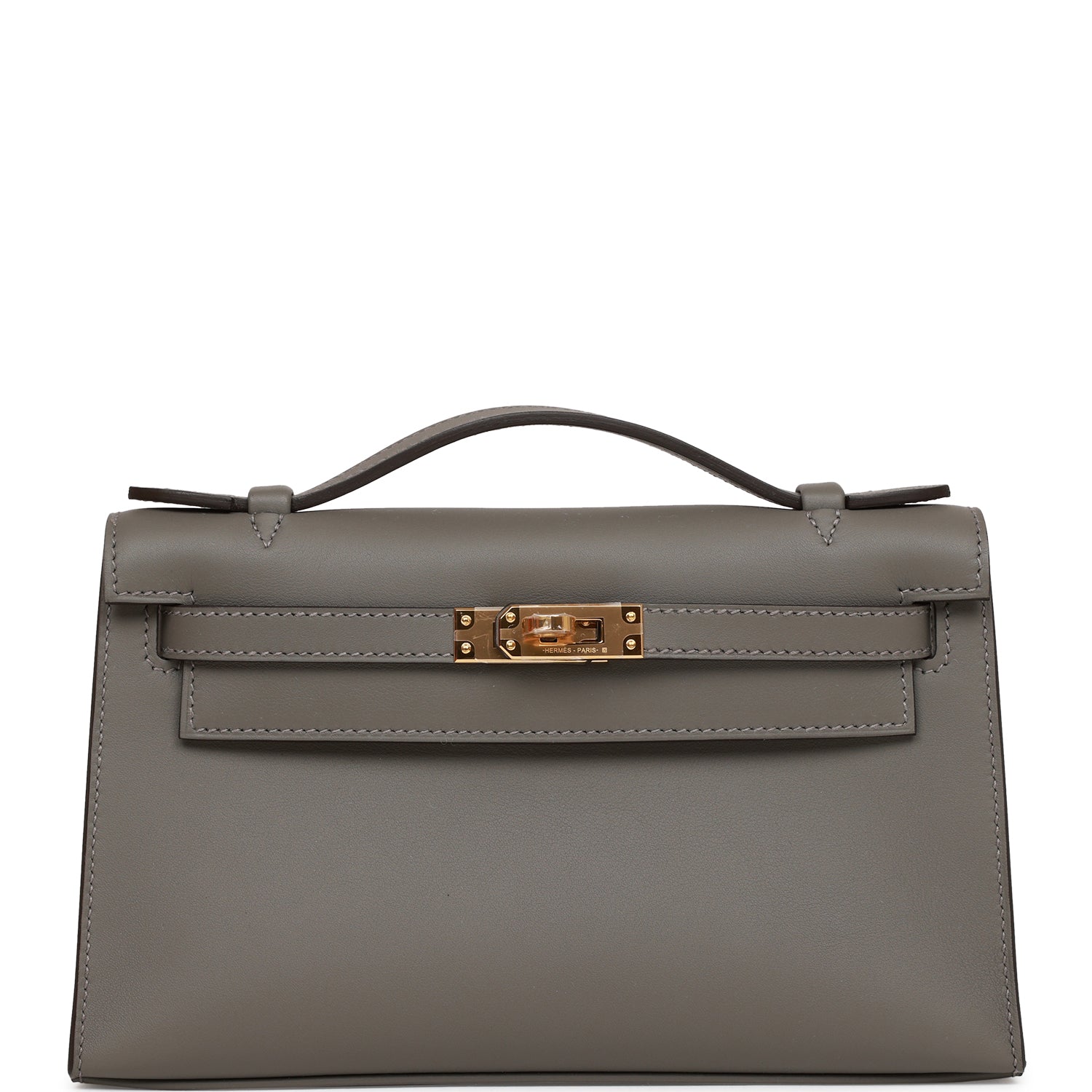 Hermes Kelly Pochette Gris Meyer Swift Hardware Handbag Gold Travel Bag