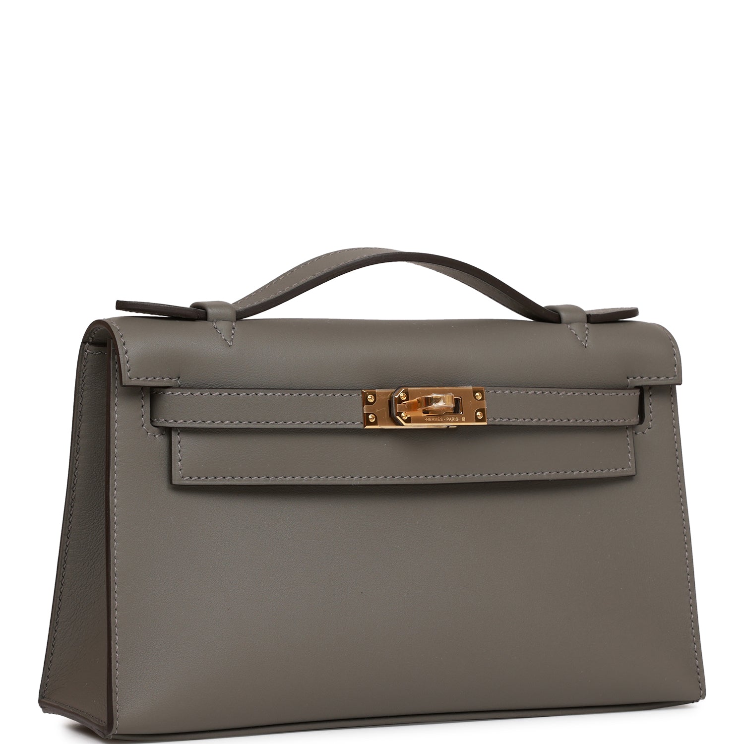 Hermes Kelly Pochette Gris Meyer Swift Hardware Handbag Gold Travel Bag