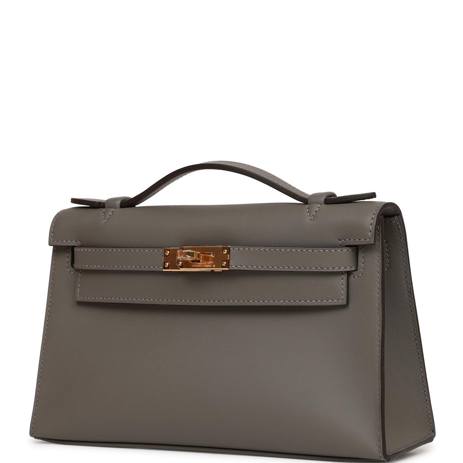 Hermes Kelly Pochette Gris Meyer Swift Hardware Handbag Gold Travel Bag
