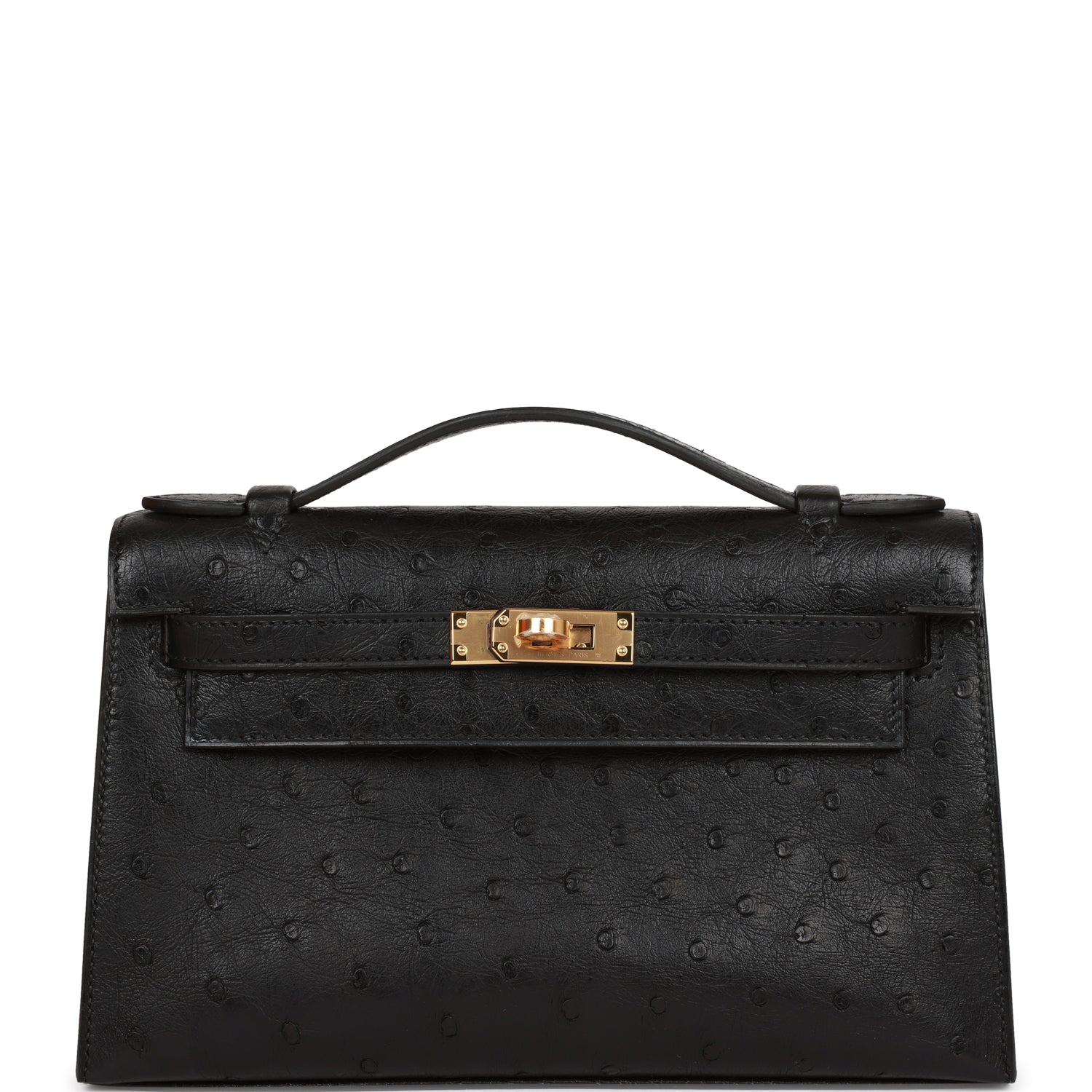 Hermes Kelly Pochette Ostrich Hardware Clutch Bag Black Gold