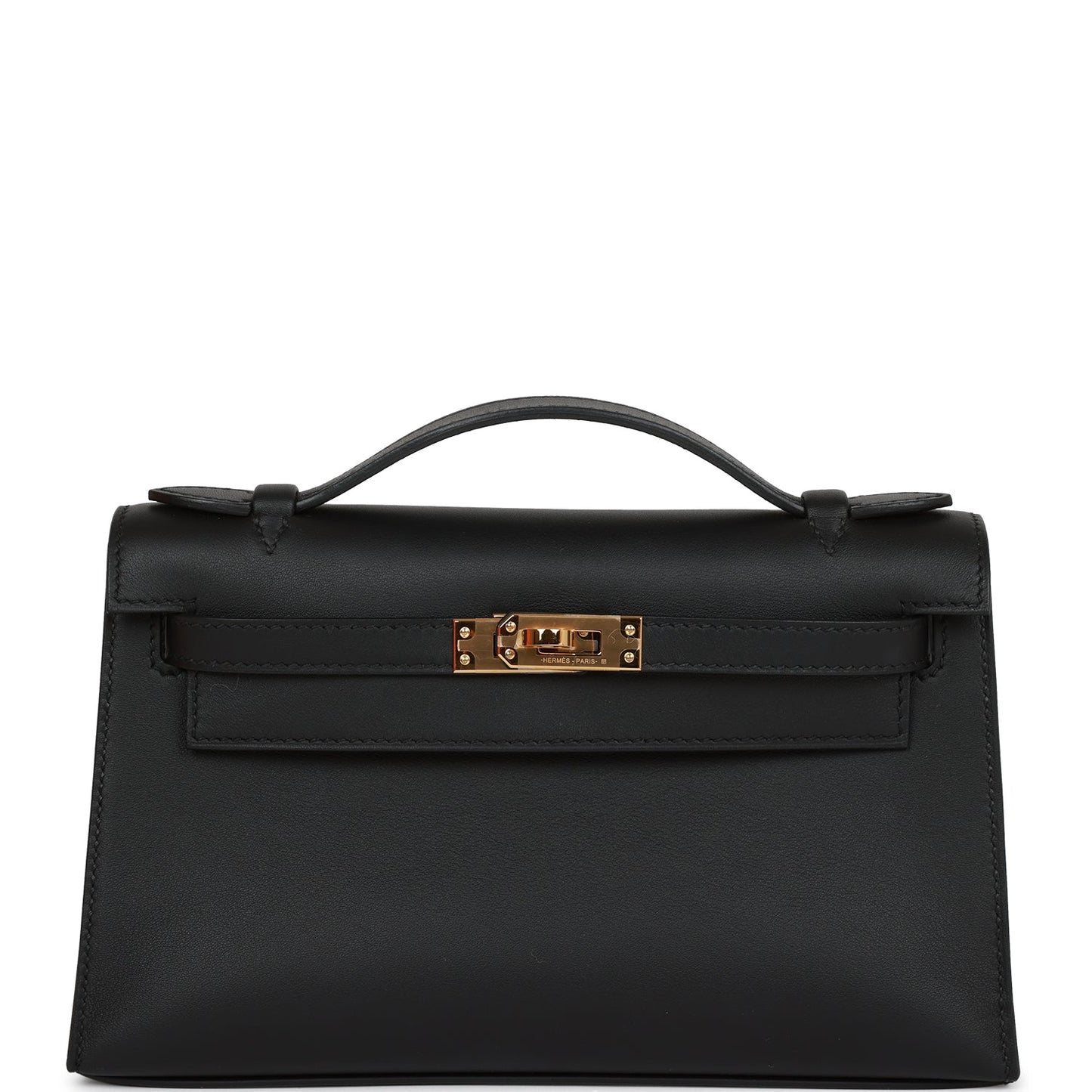 Hermes Kelly Pochette Swift Hardware Clutch Bag Black Gold