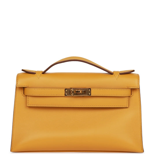 Hermes Kelly Pochette Jaune Ambre Swift Hardware Clutch Bag Gold