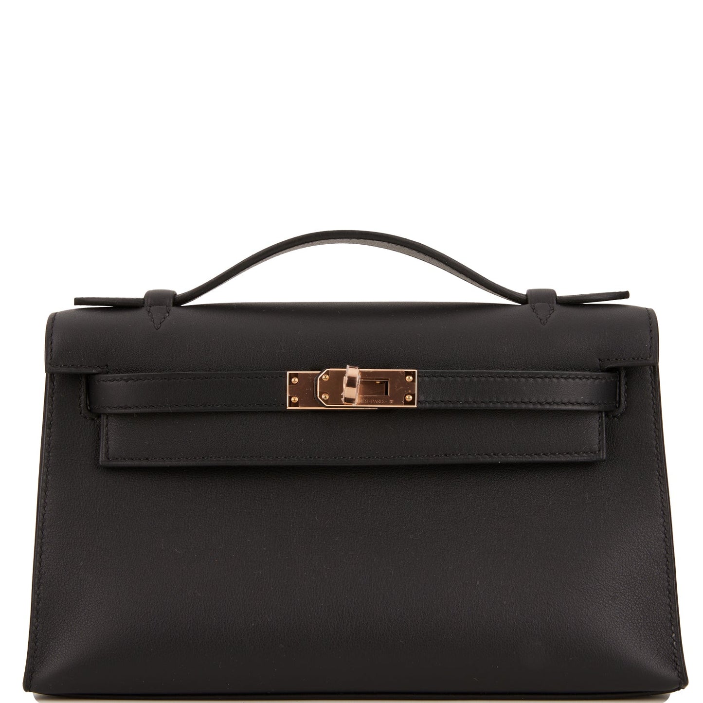 Hermes Kelly Pochette Swift Rose Hardware Handbag Black Gold Travel Bag 3
