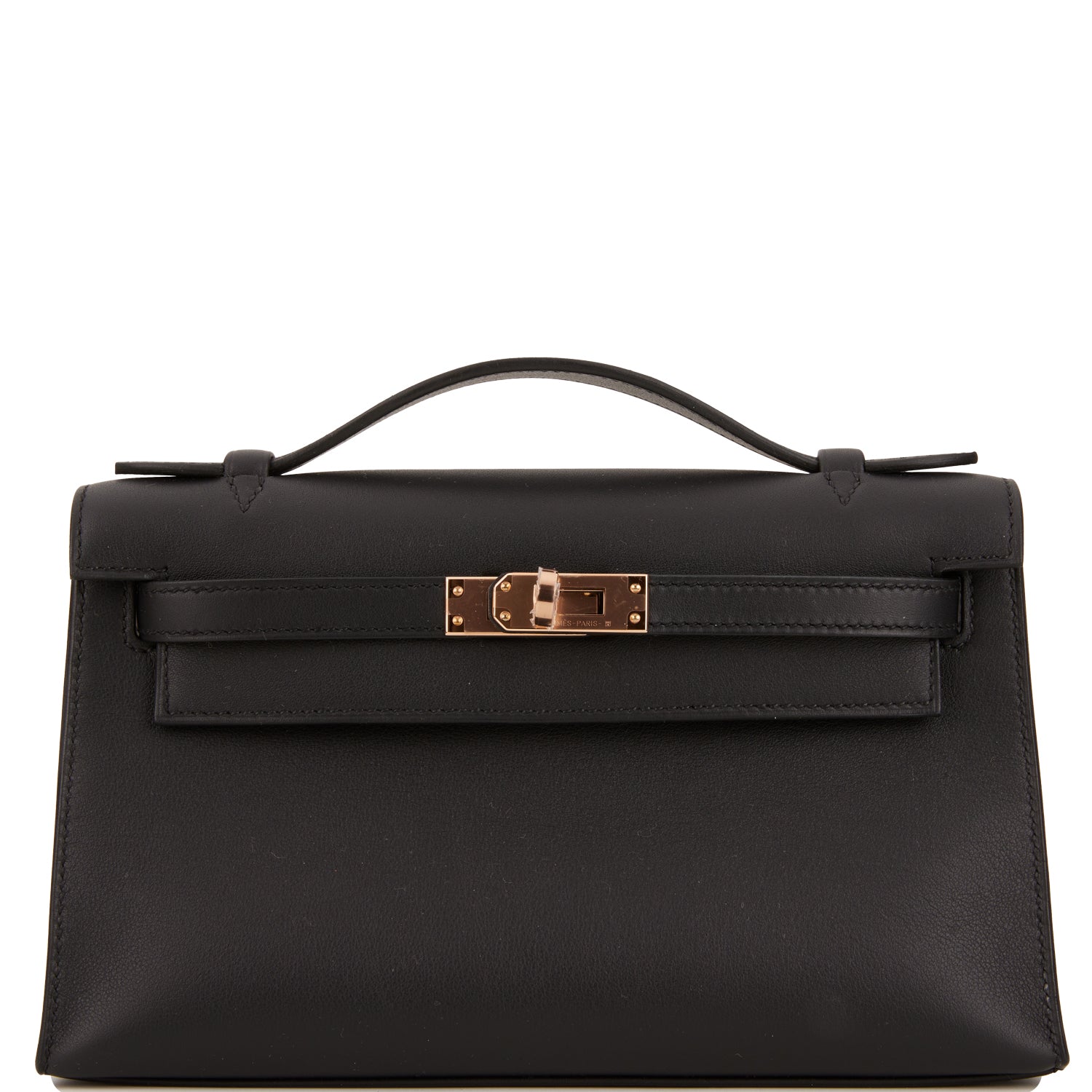 Hermes Kelly Pochette Swift Rose Hardware Handbag Black Gold Travel Bag 3