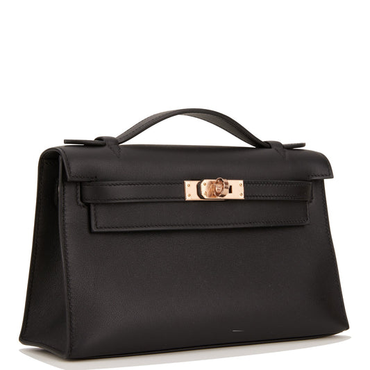 Hermes Kelly Pochette Swift Rose Hardware Handbag Black Gold Travel Bag 3