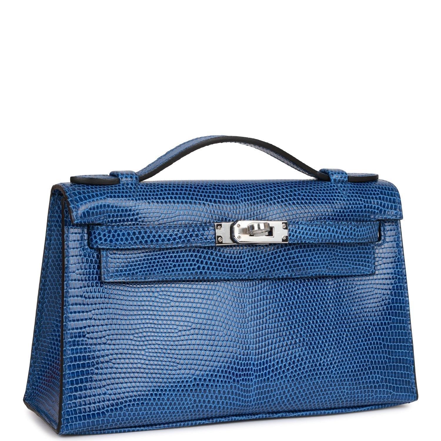 Hermes Kelly Pochette Bleu Saphir Lizard Palladium Hardware Travel Bag