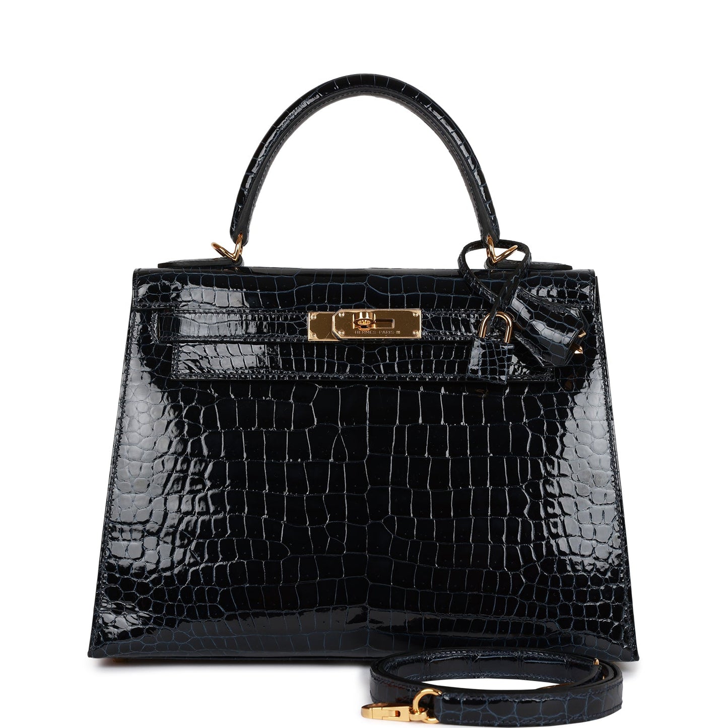 Hermes Kelly Sellier Bleu Baltique Shiny Porosus Crocodile Gold Travel Bag
