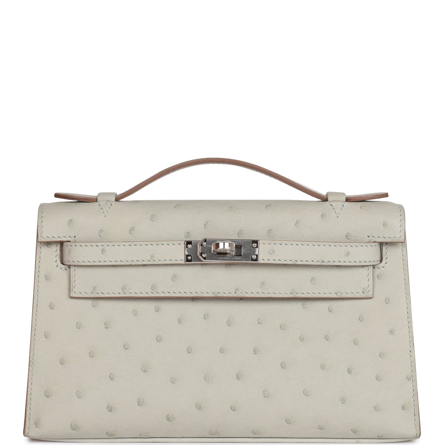 Hermes Kelly Pochette Gris Perle Ostrich Palladium Hardware Clutch Bag