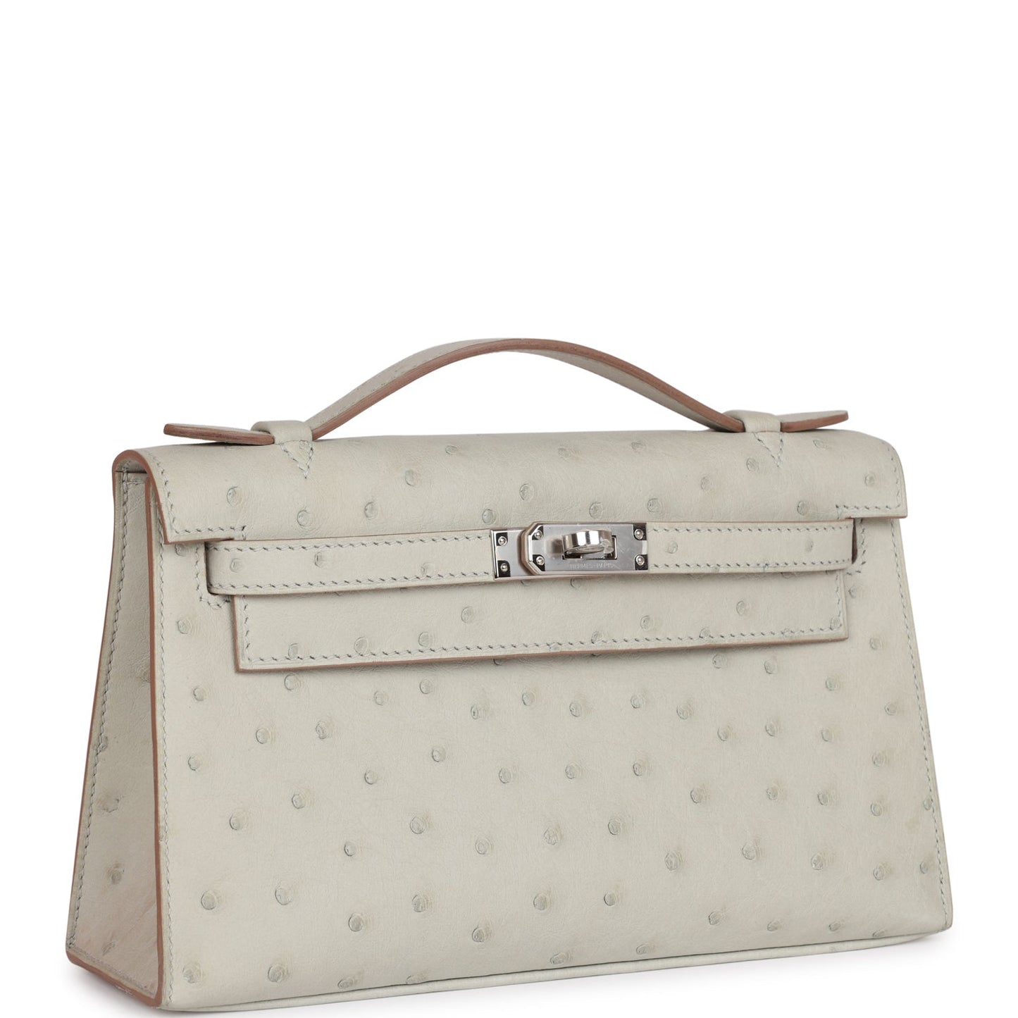 Hermes Kelly Pochette Gris Perle Ostrich Palladium Hardware Clutch Bag