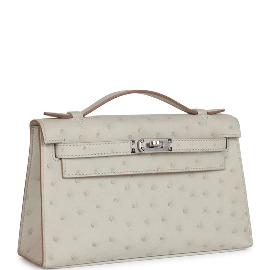Hermes Kelly Pochette Gris Perle Ostrich Palladium Hardware Clutch Bag