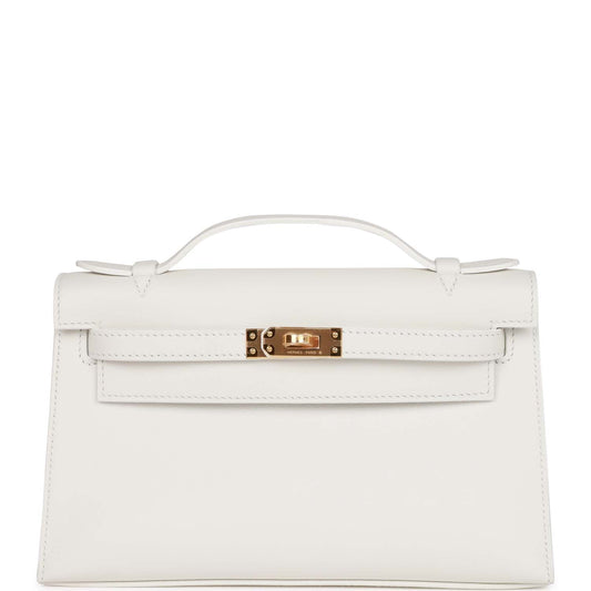 Hermes Kelly Pochette Swift Hardware Clutch Bag White Gold