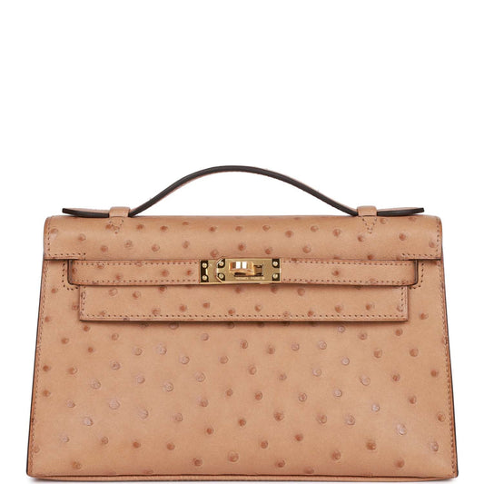 Hermes Kelly Pochette Chai Ostrich Hardware Clutch Bag Gold