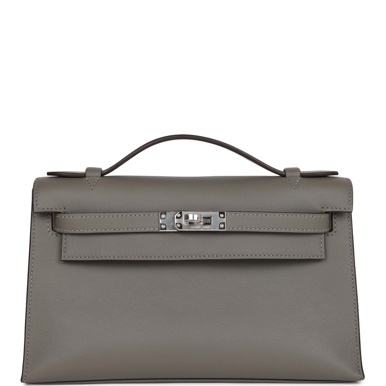 Hermes Kelly Pochette Gris Meyer Swift Palladium Hardware Clutch Bag