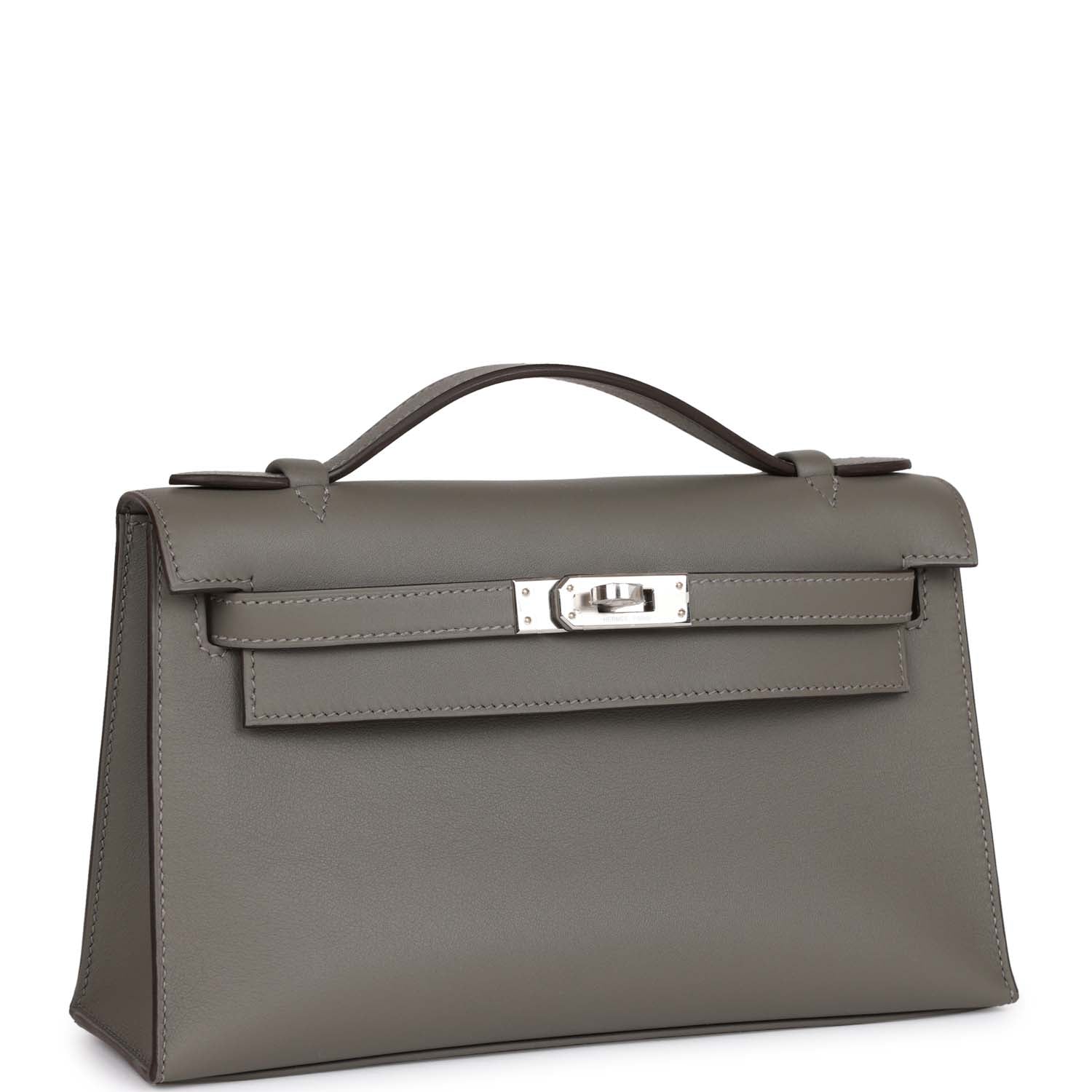 Hermes Kelly Pochette Gris Meyer Swift Palladium Hardware Clutch Bag