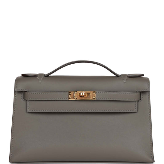 Hermes Kelly Pochette Gris Meyer Swift Hardware Clutch Gold Clutch Bag