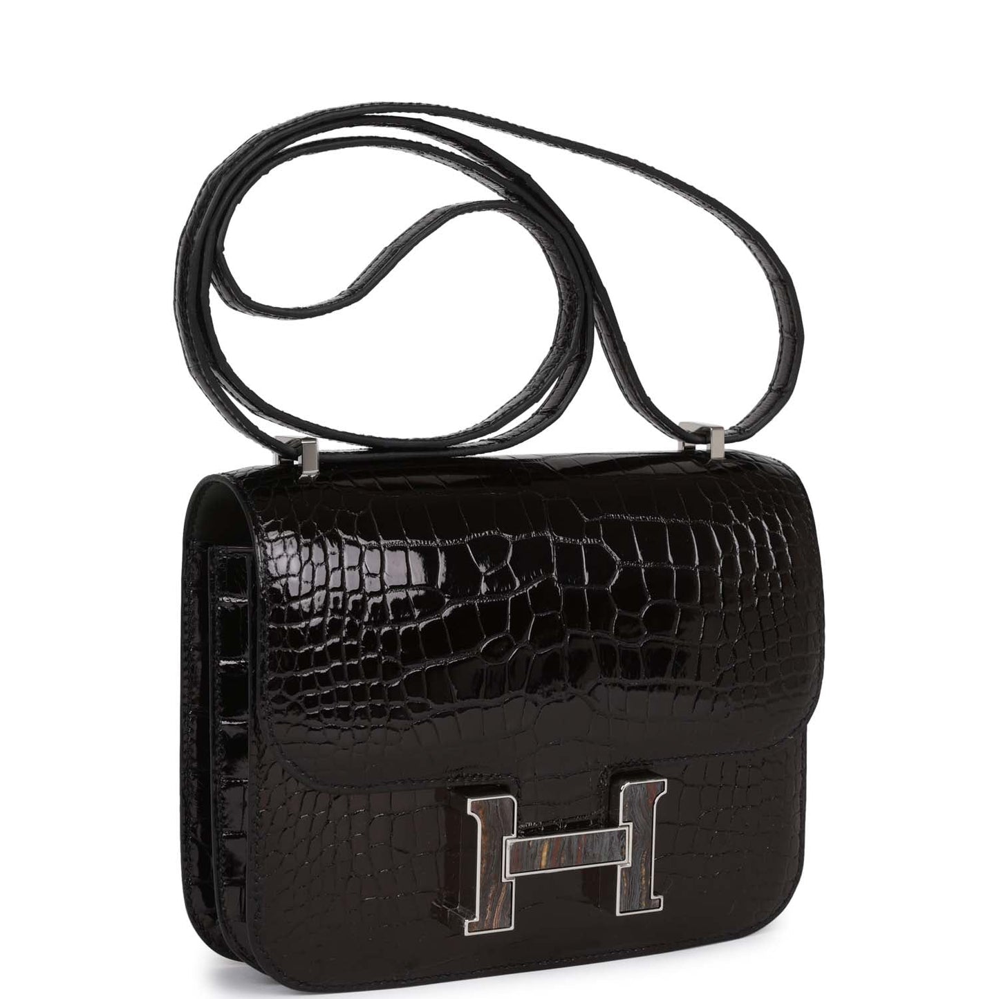 Hermes Constance Shiny Alligator Palladium Tiger Eye Hardware Handbag Black Travel Bag