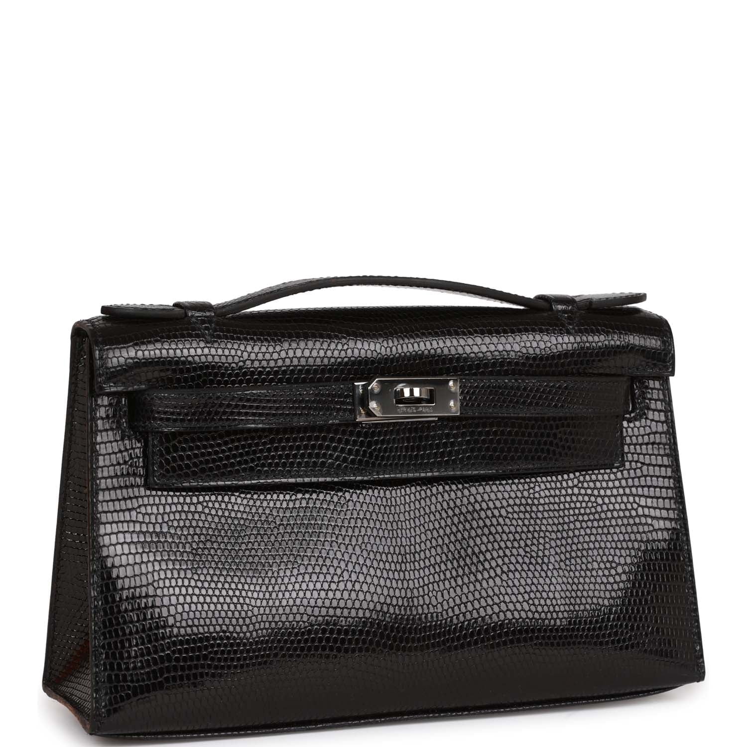 Hermes Kelly Pochette Lizard Ruthenium Hardware Handbag Black Travel Bag