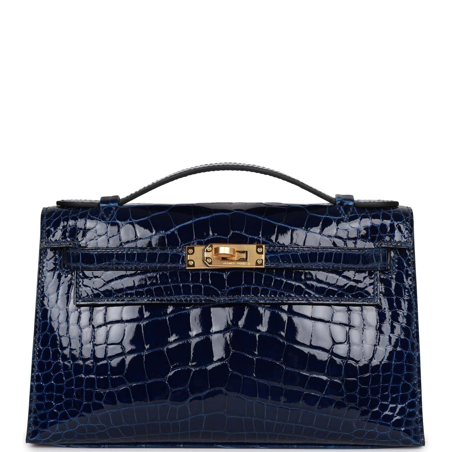 Hermes Kelly Pochette Bleu Saphir Shiny Alligator Hardware Handbag Gold Travel Bag