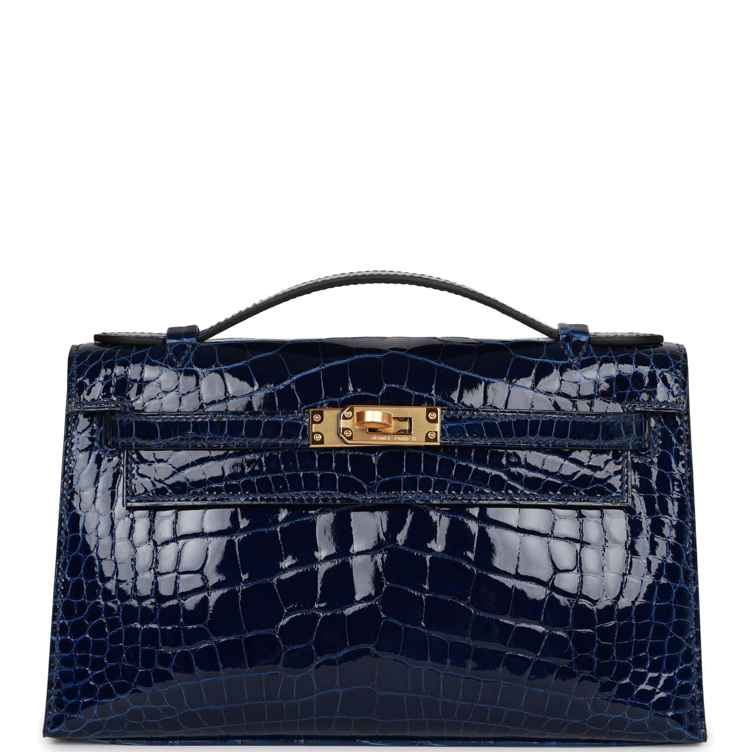 Hermes Kelly Pochette Bleu Saphir Shiny Alligator Hardware Handbag Gold Travel Bag