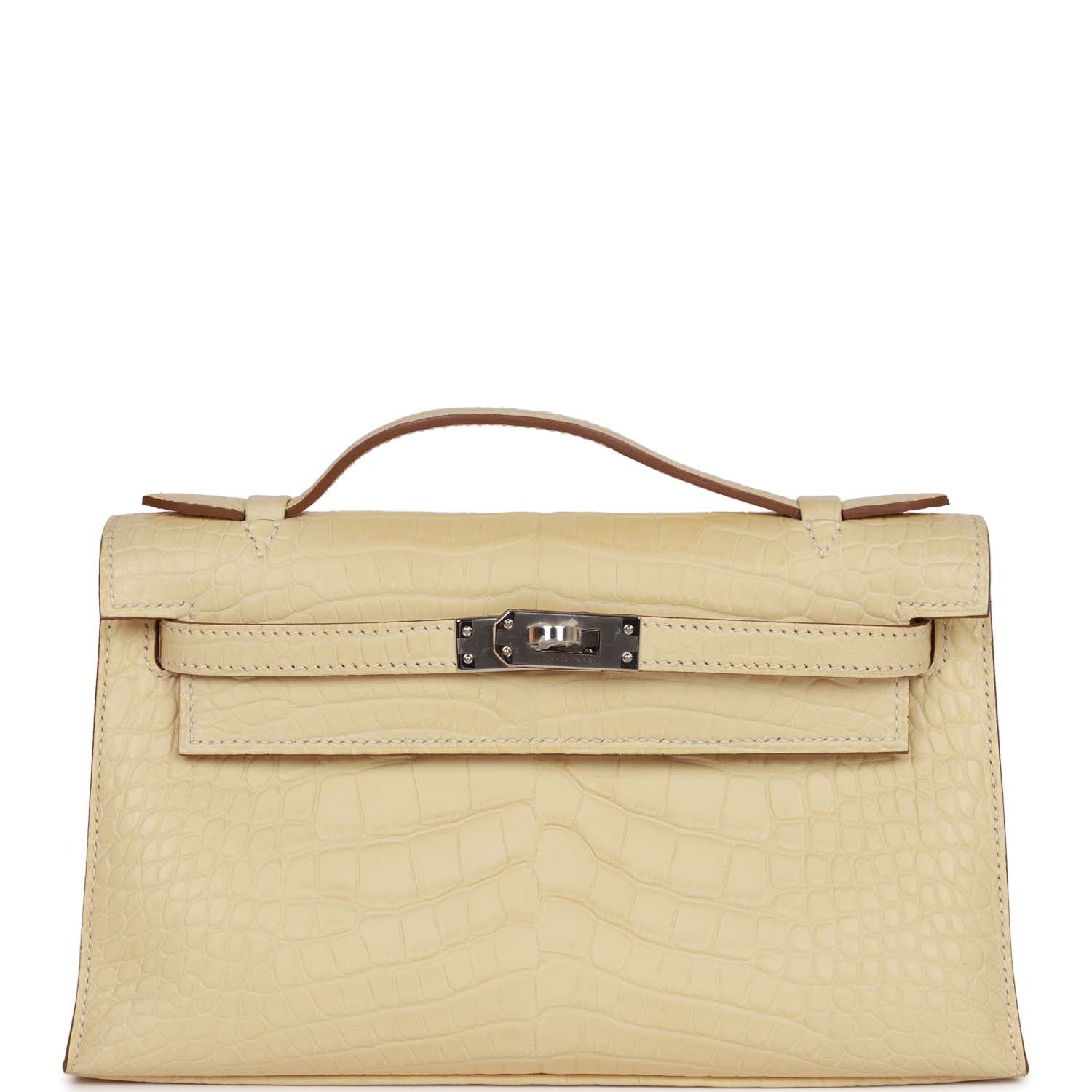 Hermes Kelly Pochette Vanille Matte Alligator Palladium Hardware Travel Bag Palladium Hardware