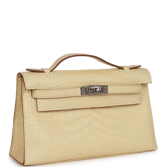 Hermes Kelly Pochette Vanille Matte Alligator Palladium Hardware Travel Bag Palladium Hardware