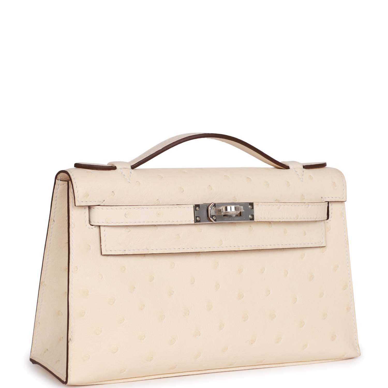 Hermes Kelly Pochette Nata Ostrich Palladium Hardware Clutch Bag