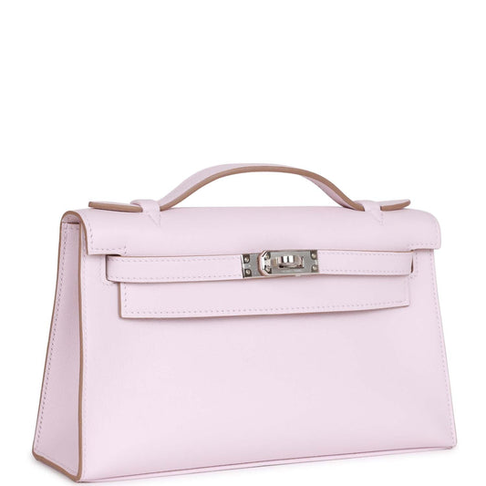 Hermes Kelly Pochette Mauve Pale Swift Palladium Hardware Travel Bag Hardware 2