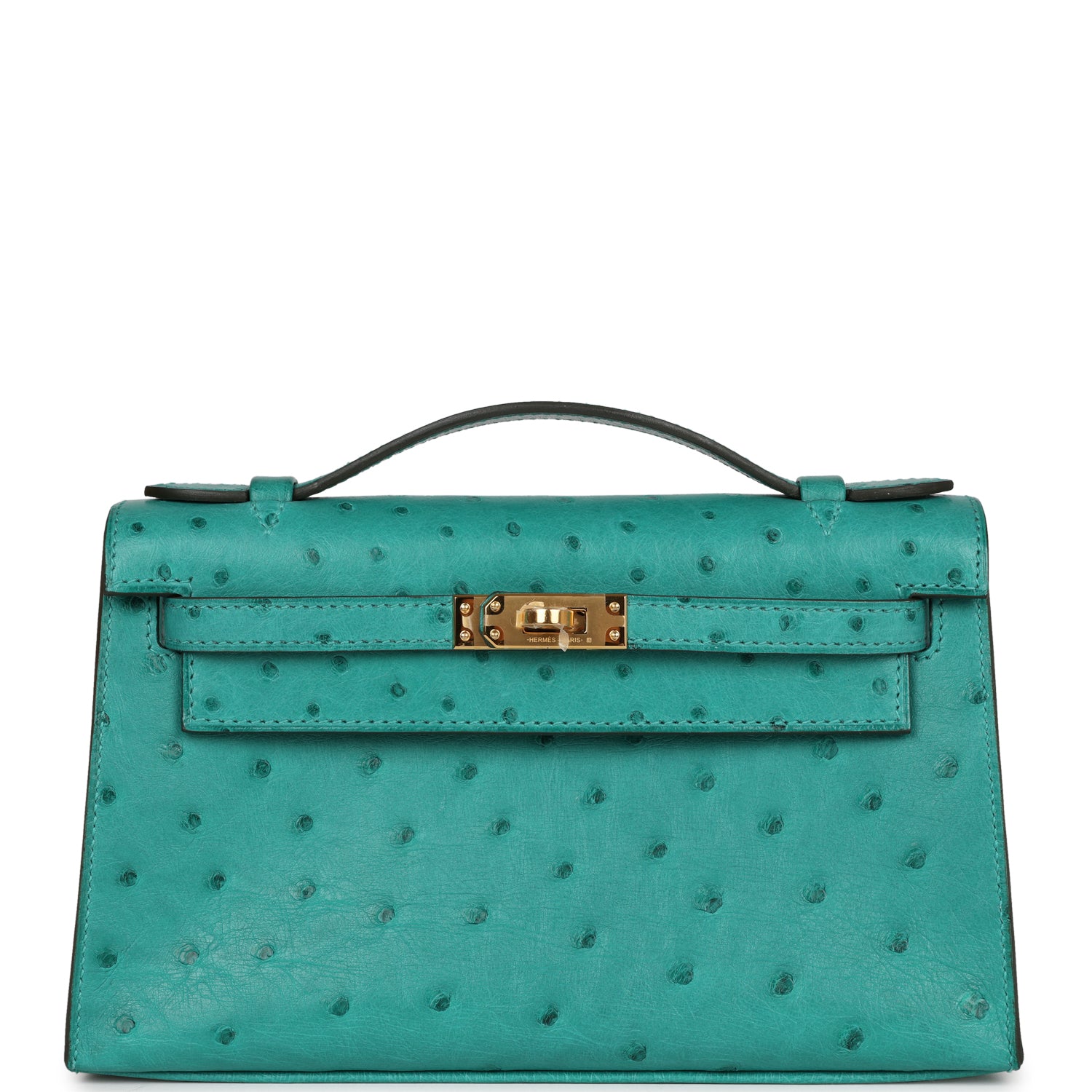Hermes Kelly Pochette Vert Verone Ostrich Hardware Clutch Gold Clutch Bag