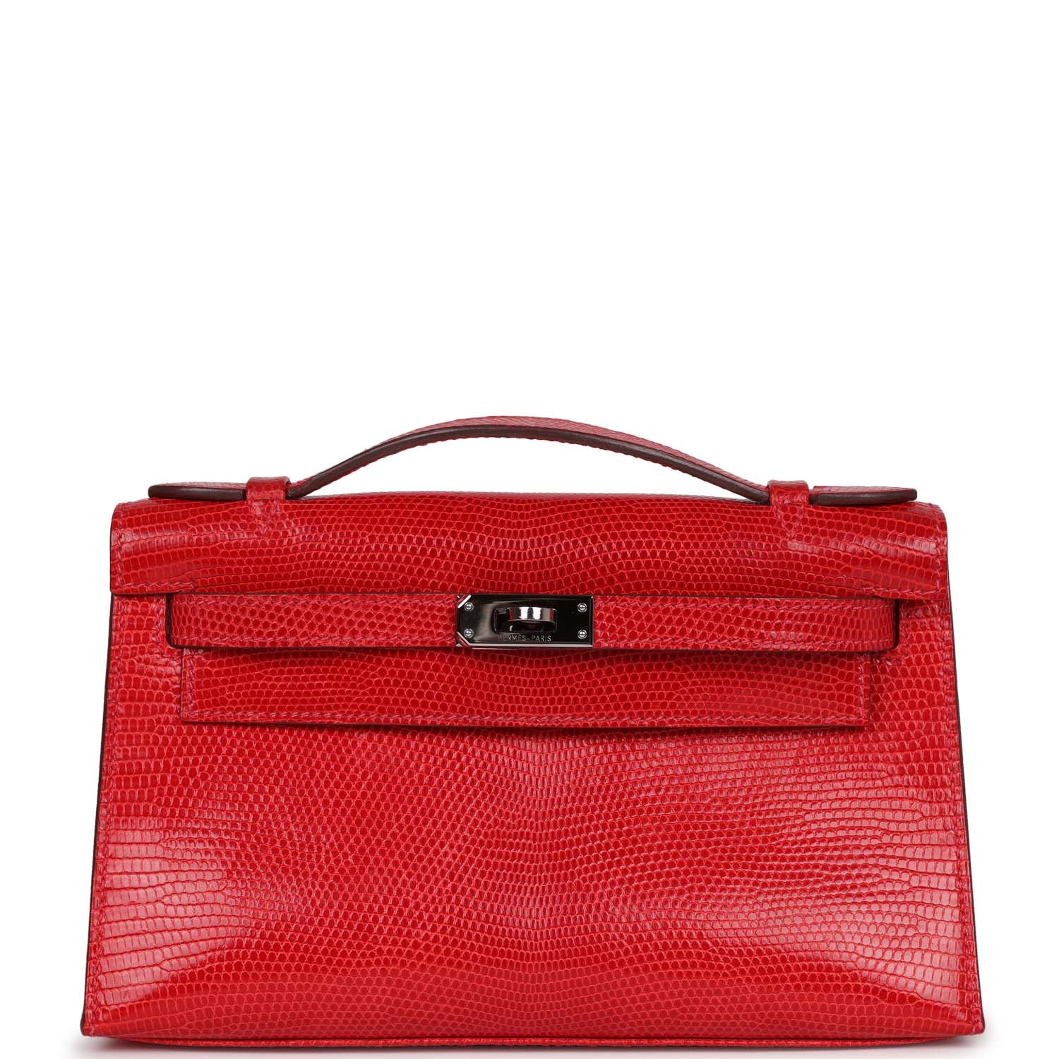 Hermes Kelly Pochette Rouge Vif Lizard Ruthenium Hardware Clutch Bag