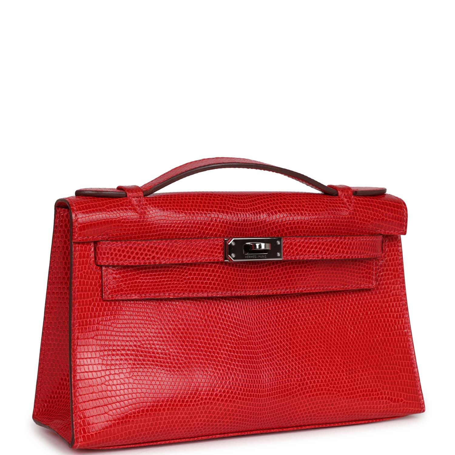 Hermes Kelly Pochette Rouge Vif Lizard Ruthenium Hardware Clutch Bag