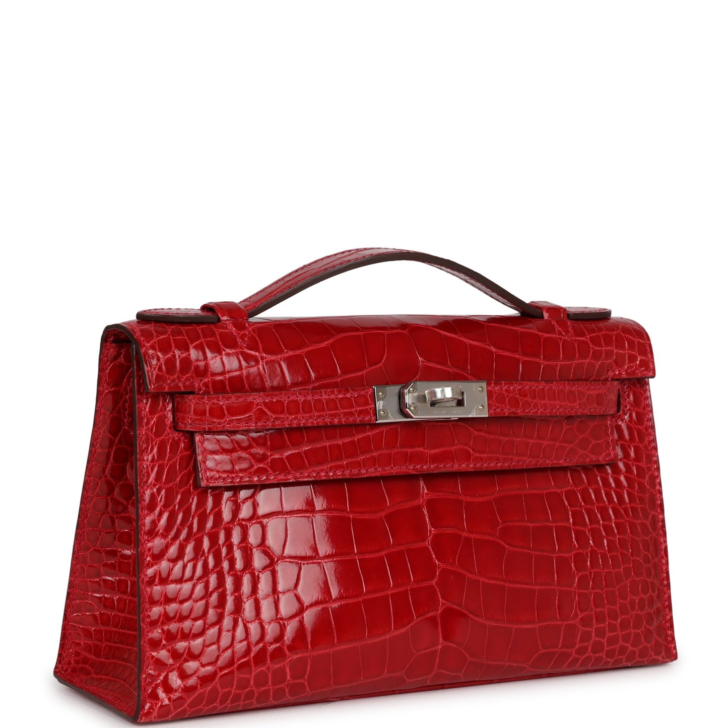Hermes Kelly Pochette Braise Shiny Alligator Palladium Hardware Travel Bag