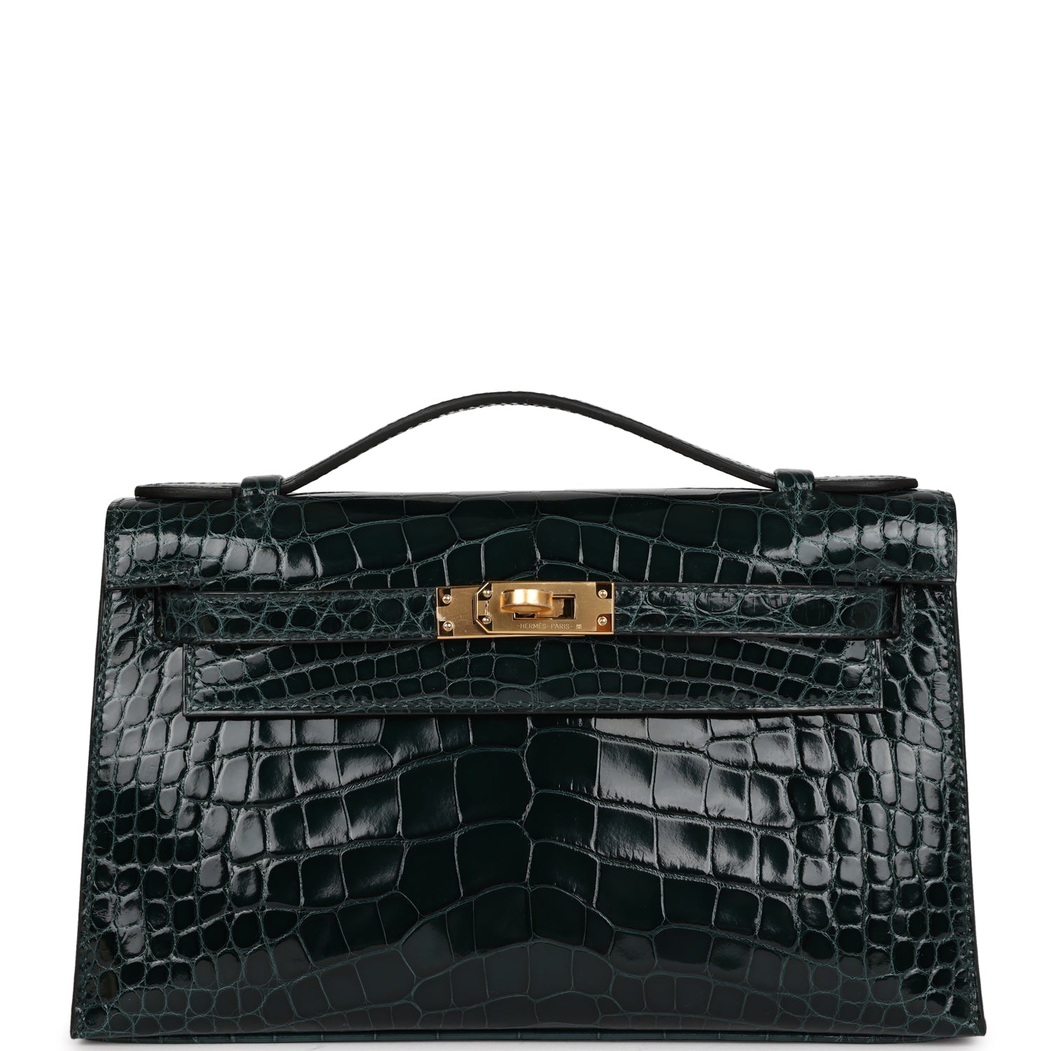 Hermes Kelly Pochette Vert Cypress Shiny Alligator Hardware Gold Travel Bag