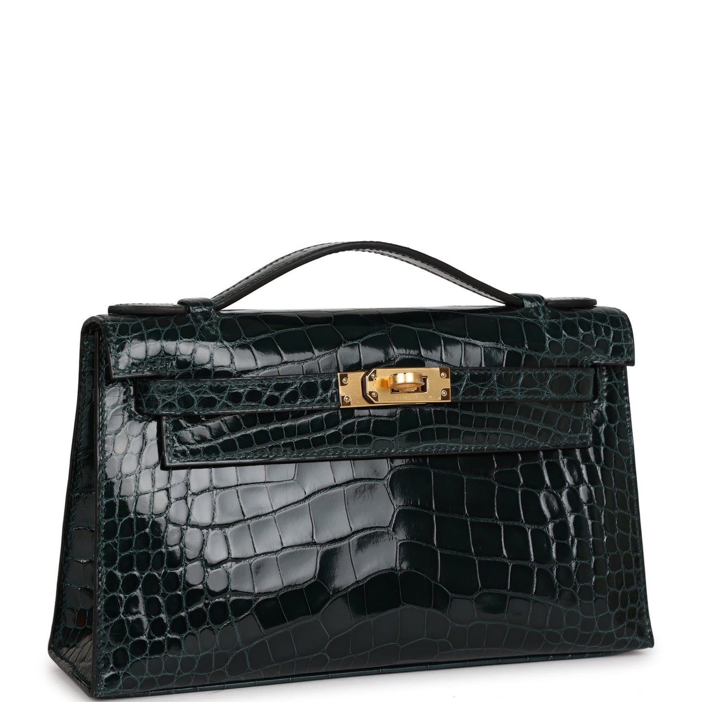 Hermes Kelly Pochette Vert Cypress Shiny Alligator Hardware Gold Travel Bag