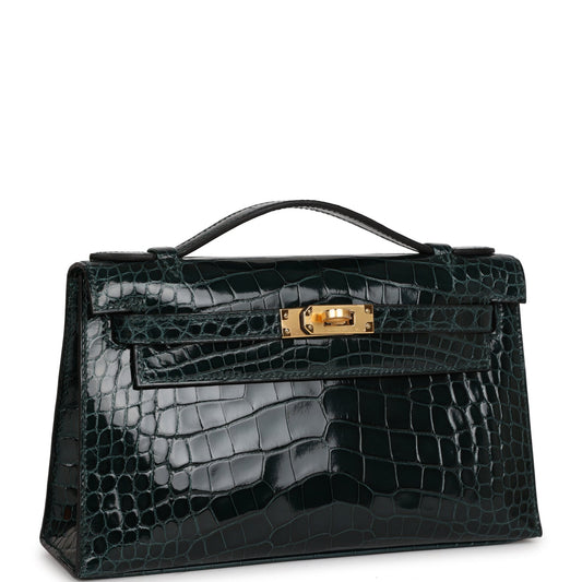 Hermes Kelly Pochette Vert Cypress Shiny Alligator Hardware Gold Travel Bag