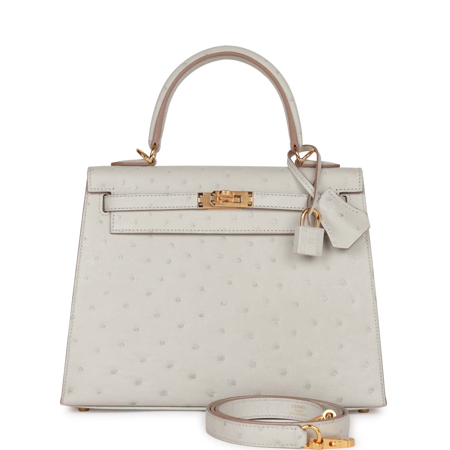 Hermes Kelly Sellier Gris Perle Ostrich Hardware Handbag Gold Travel Bag Hardware 1